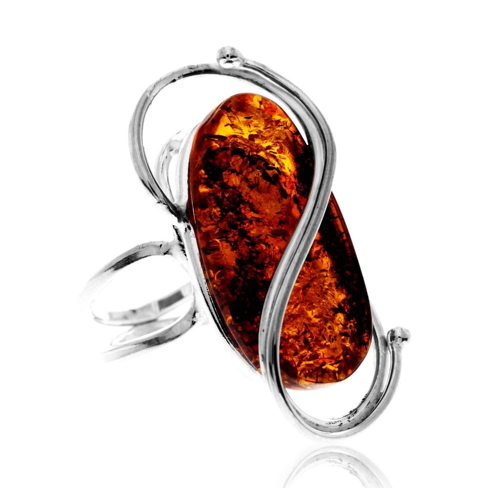 925 Sterling Silver & Genuine Cognac Baltic Amber Unique Exclusive Adjustable Size Ring - RG0833