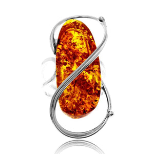 925 Sterling Silver & Genuine Cognac Baltic Amber Unique Exclusive Adjustable Size Ring - RG0835