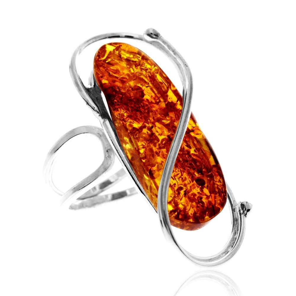 925 Sterling Silver & Genuine Cognac Baltic Amber Unique Exclusive Adjustable Size Ring - RG0835