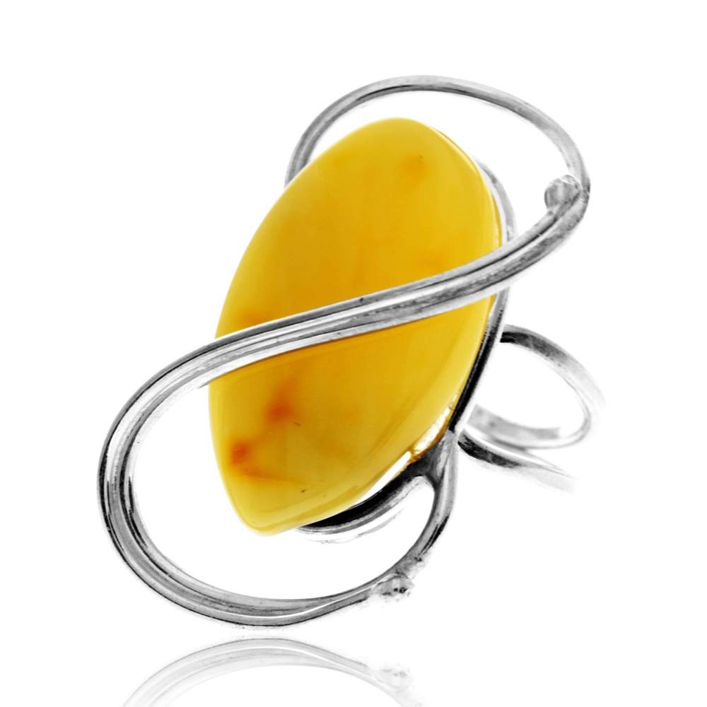 925 Sterling Silver & Genuine Lemon Baltic Amber Unique Exclusive Adjustable Size Ring - RG0836