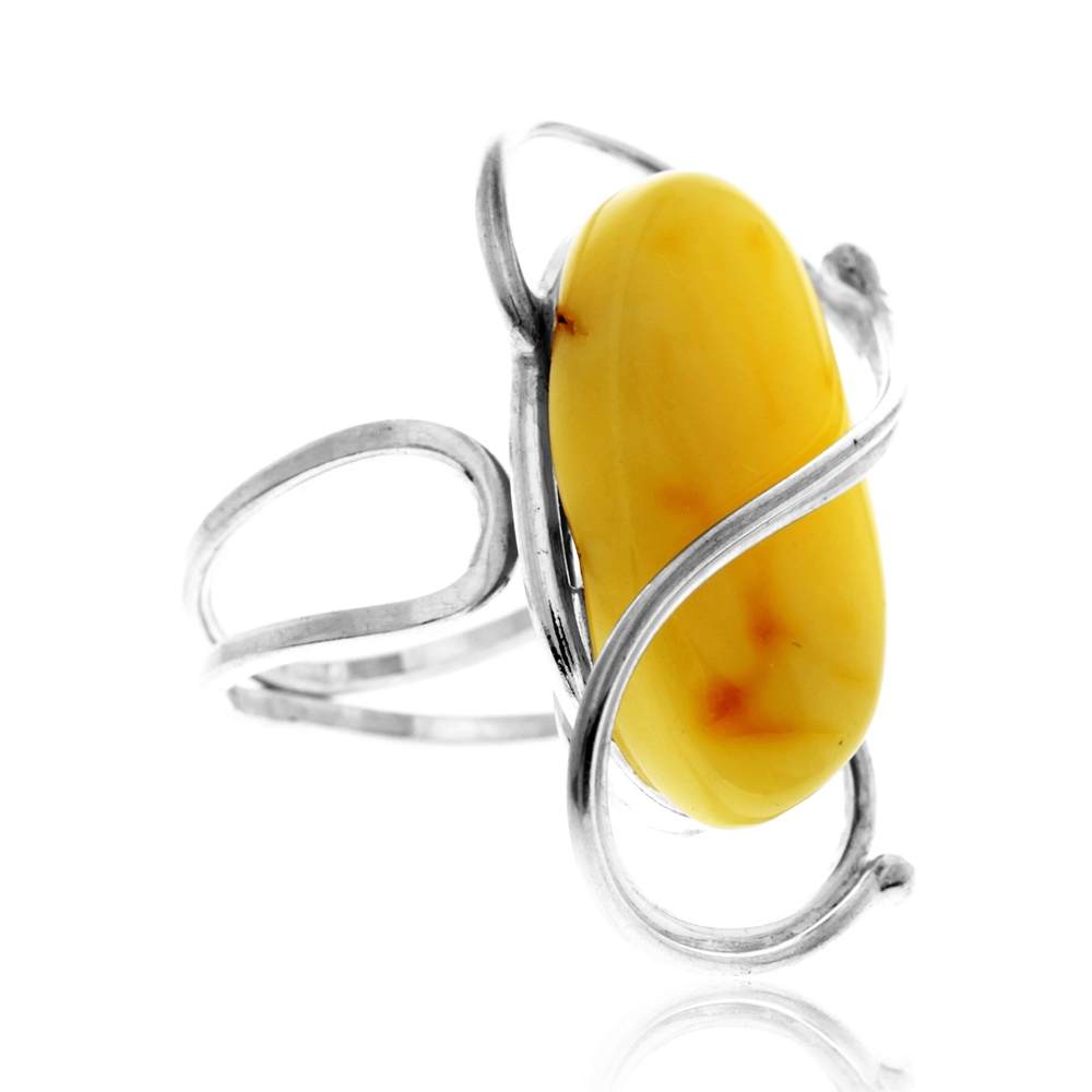 925 Sterling Silver & Genuine Lemon Baltic Amber Unique Exclusive Adjustable Size Ring - RG0836