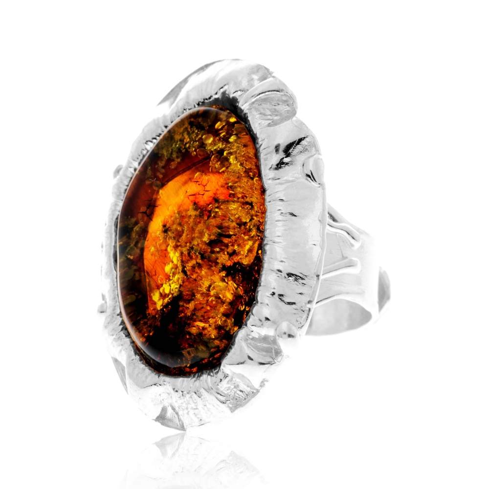 925 Sterling Silver & Genuine Green Baltic Amber Unique Exclusive Adjustable Size Ring - RG0838