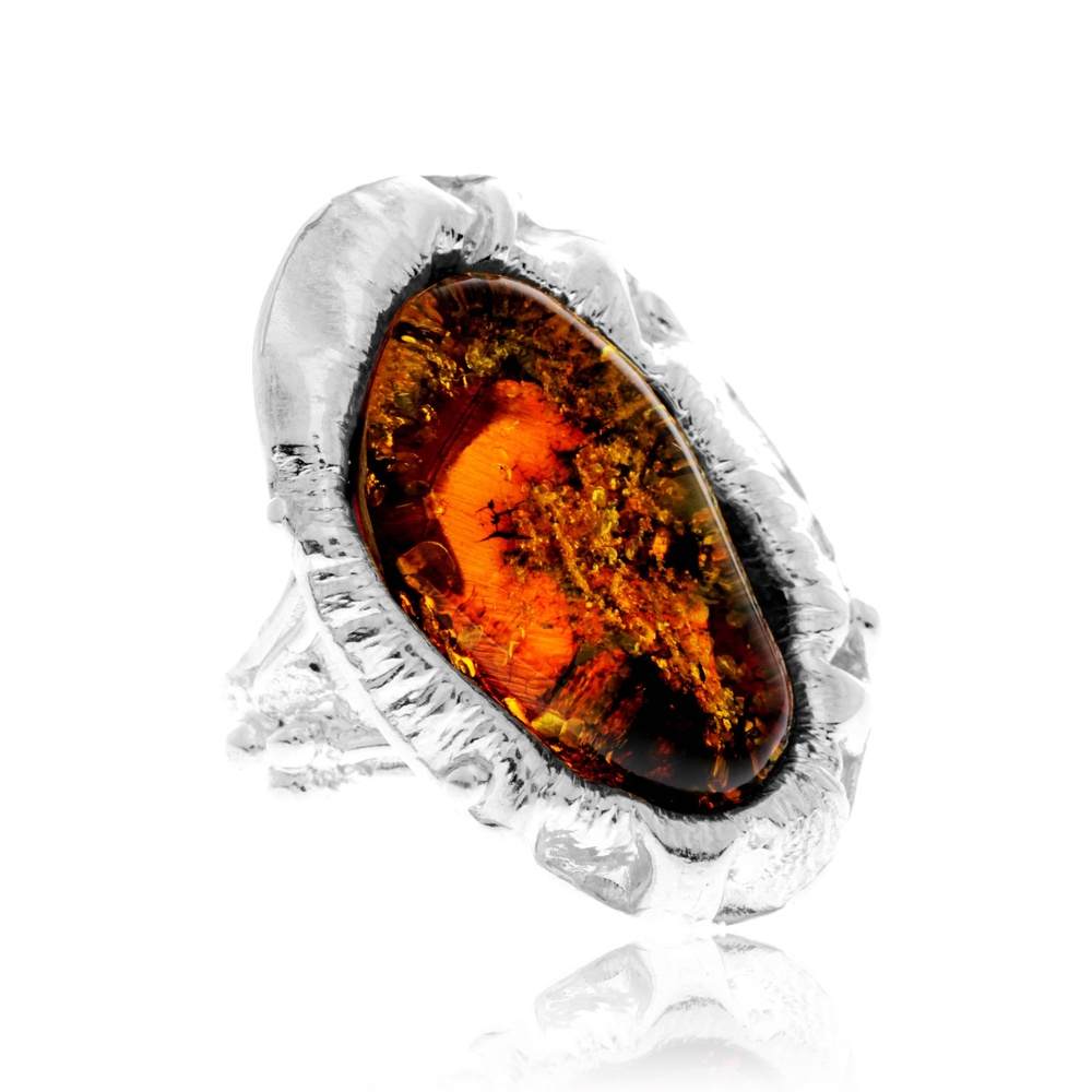 925 Sterling Silver & Genuine Green Baltic Amber Unique Exclusive Adjustable Size Ring - RG0838