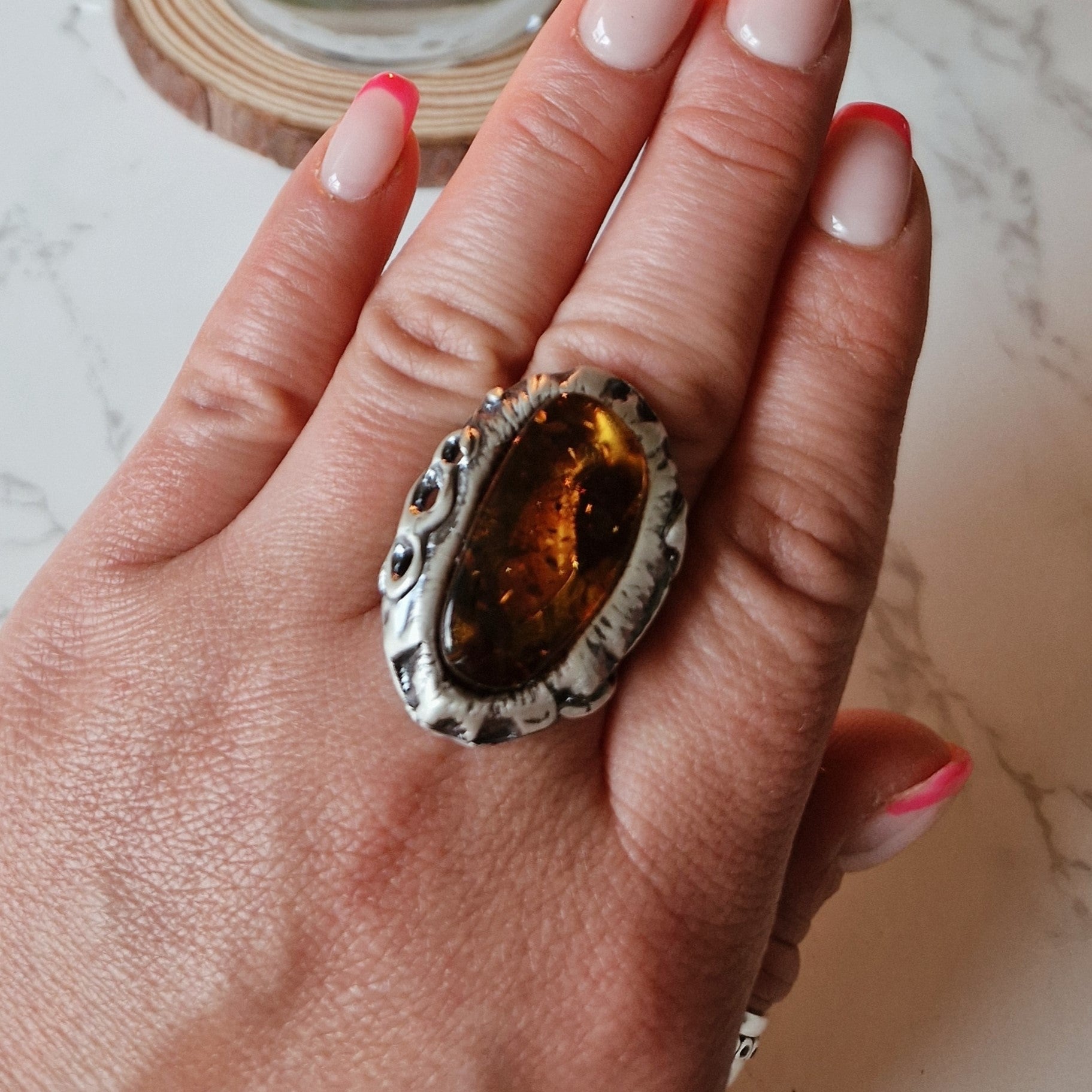 925 Sterling Silver & Genuine Cognac Baltic Amber Unique Exclusive Adjustable Size Ring - RG0844