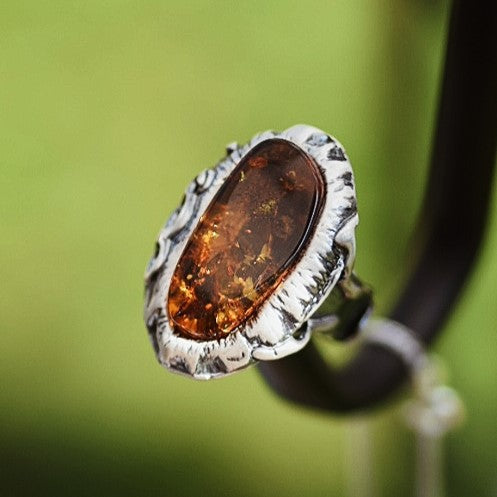 925 Sterling Silver & Genuine Cognac Baltic Amber Unique Exclusive Adjustable Size Ring - RG0844