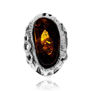 925 Sterling Silver & Genuine Cognac Baltic Amber Unique Exclusive Adjustable Size Ring - RG0844