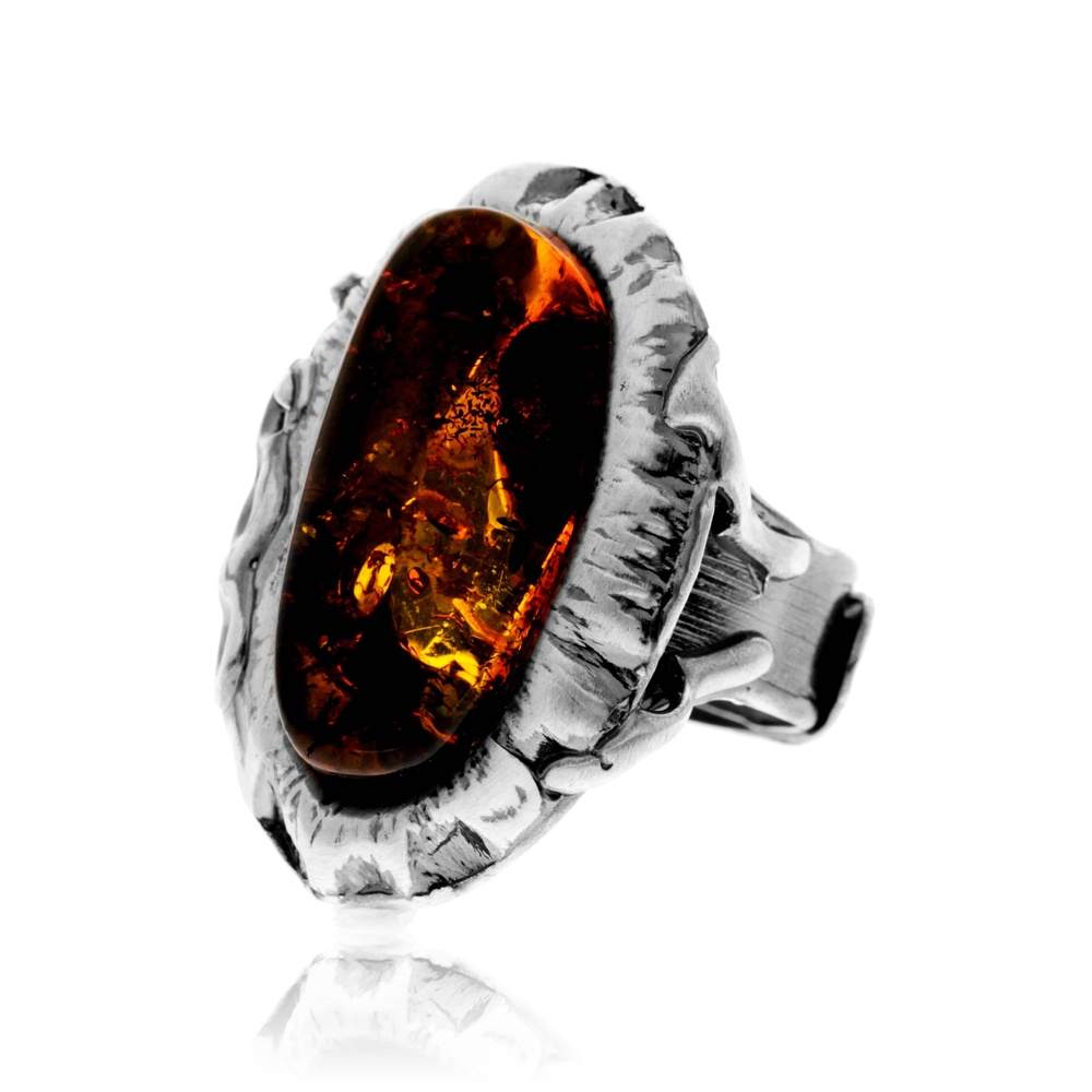 925 Sterling Silver & Genuine Cognac Baltic Amber Unique Exclusive Adjustable Size Ring - RG0844