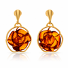 925 Sterling Silver & Genuine Baltic Amber Hand-Carved Rose Drop Earrings - RGE001C