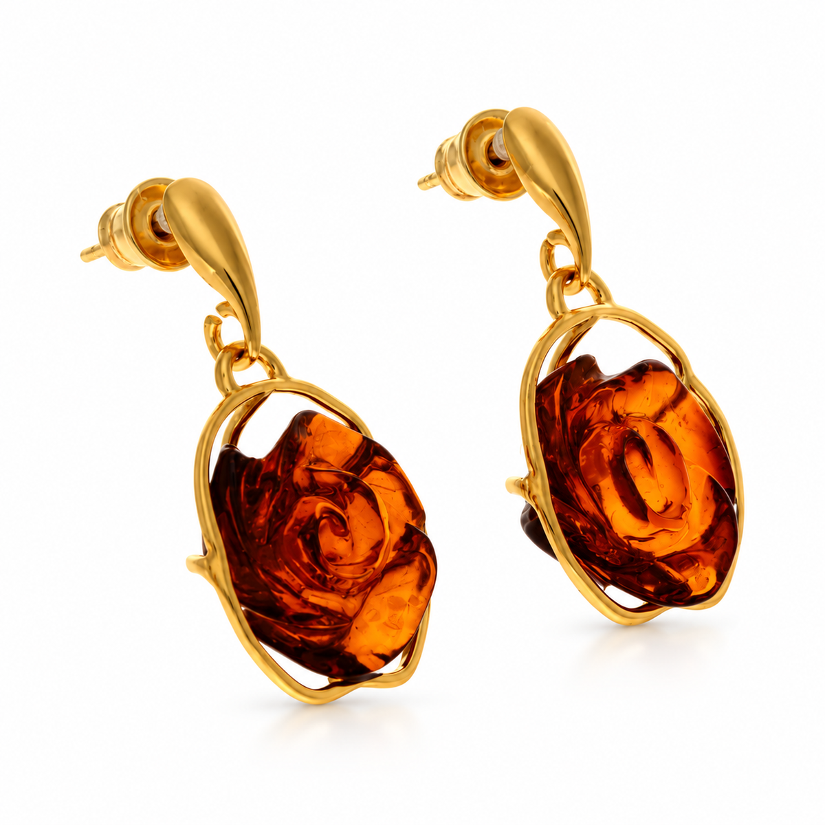 925 Sterling Silver & Genuine Baltic Amber Hand-Carved Rose Drop Earrings - RGE001C