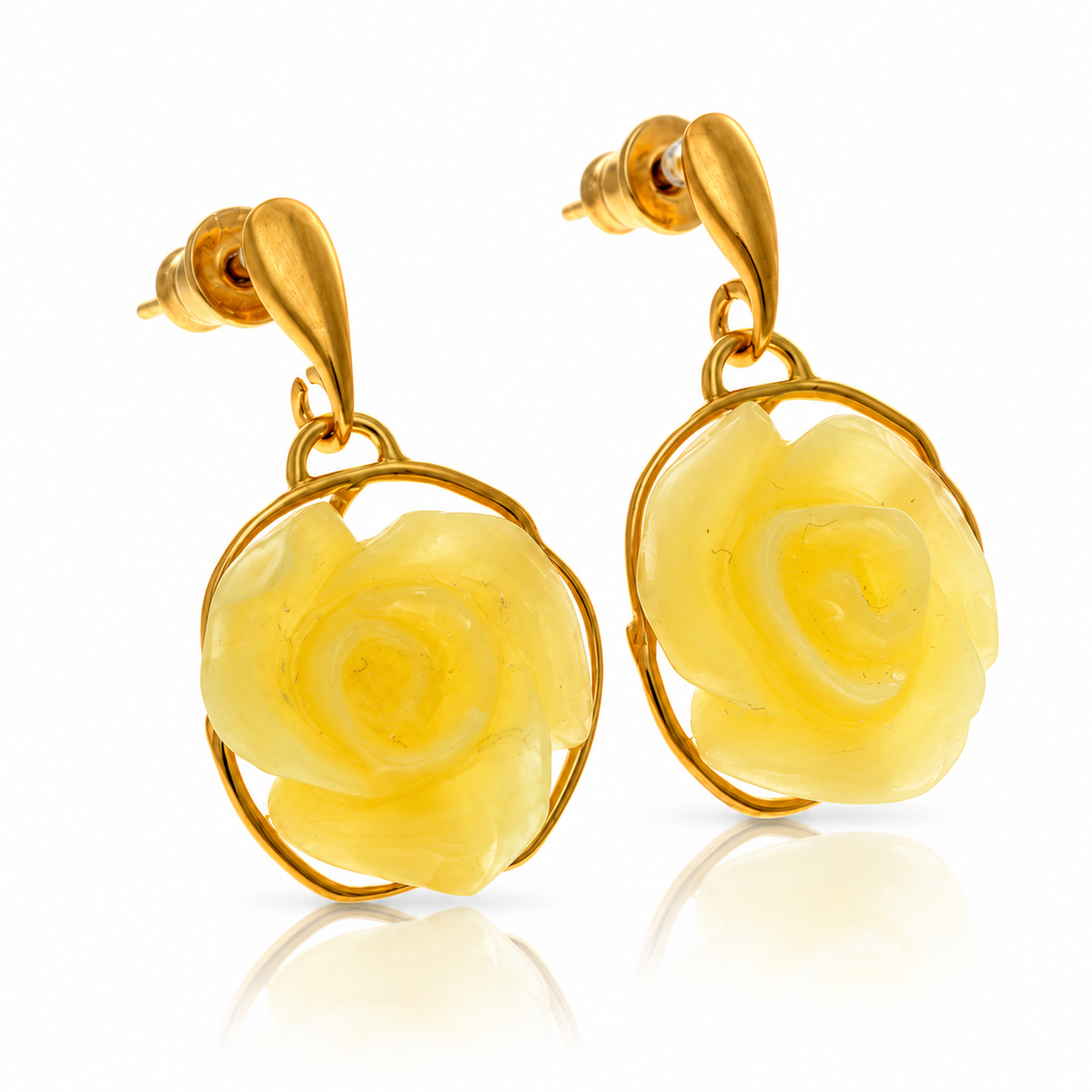 925 Sterling Silver & Genuine Baltic Amber Hand-Carved Rose Drop Earrings - RGE001L