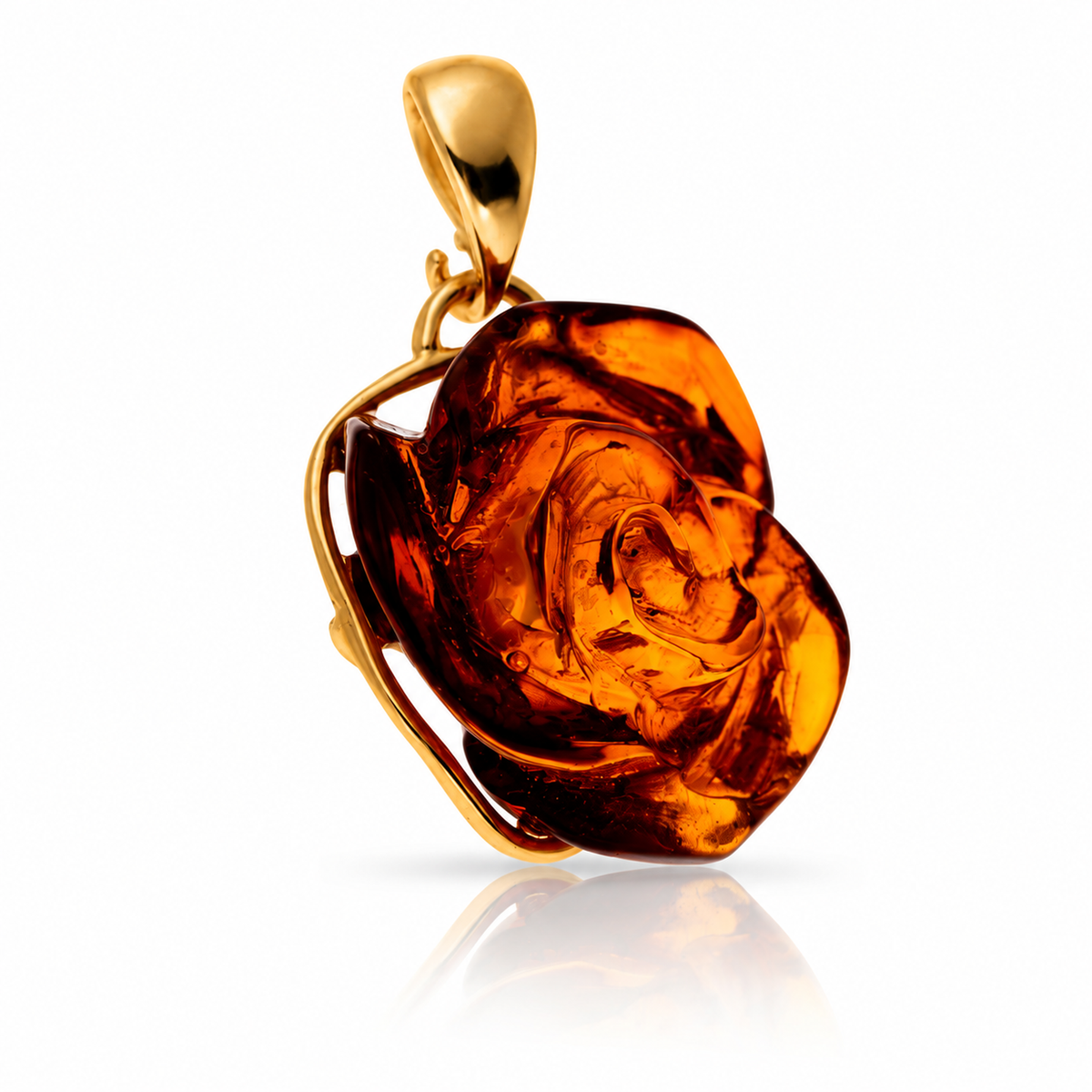 925 Sterling Silver & Genuine Baltic Amber Hand-Carved Rose Pendant - RGP001