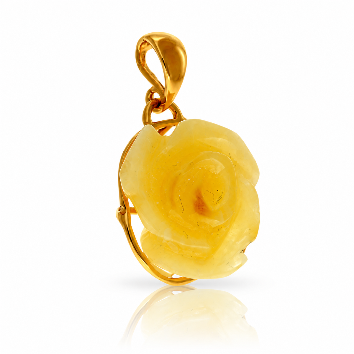 925 Sterling Silver & Genuine Baltic Amber Hand-Carved Rose Pendant - RGP002