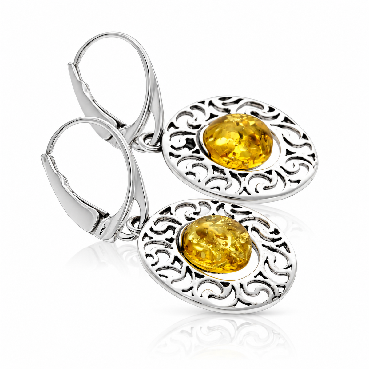 925 Sterling Silver & Genuine Baltic Amber Modern Drop Earrings - AE25