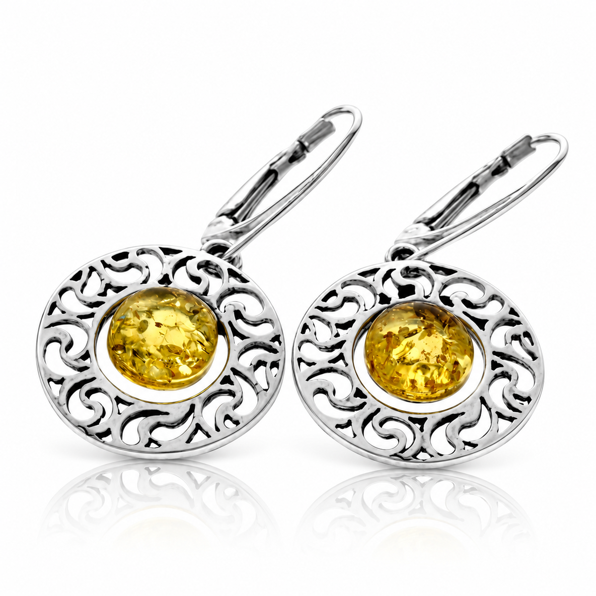 925 Sterling Silver & Genuine Baltic Amber Modern Drop Earrings - AE25