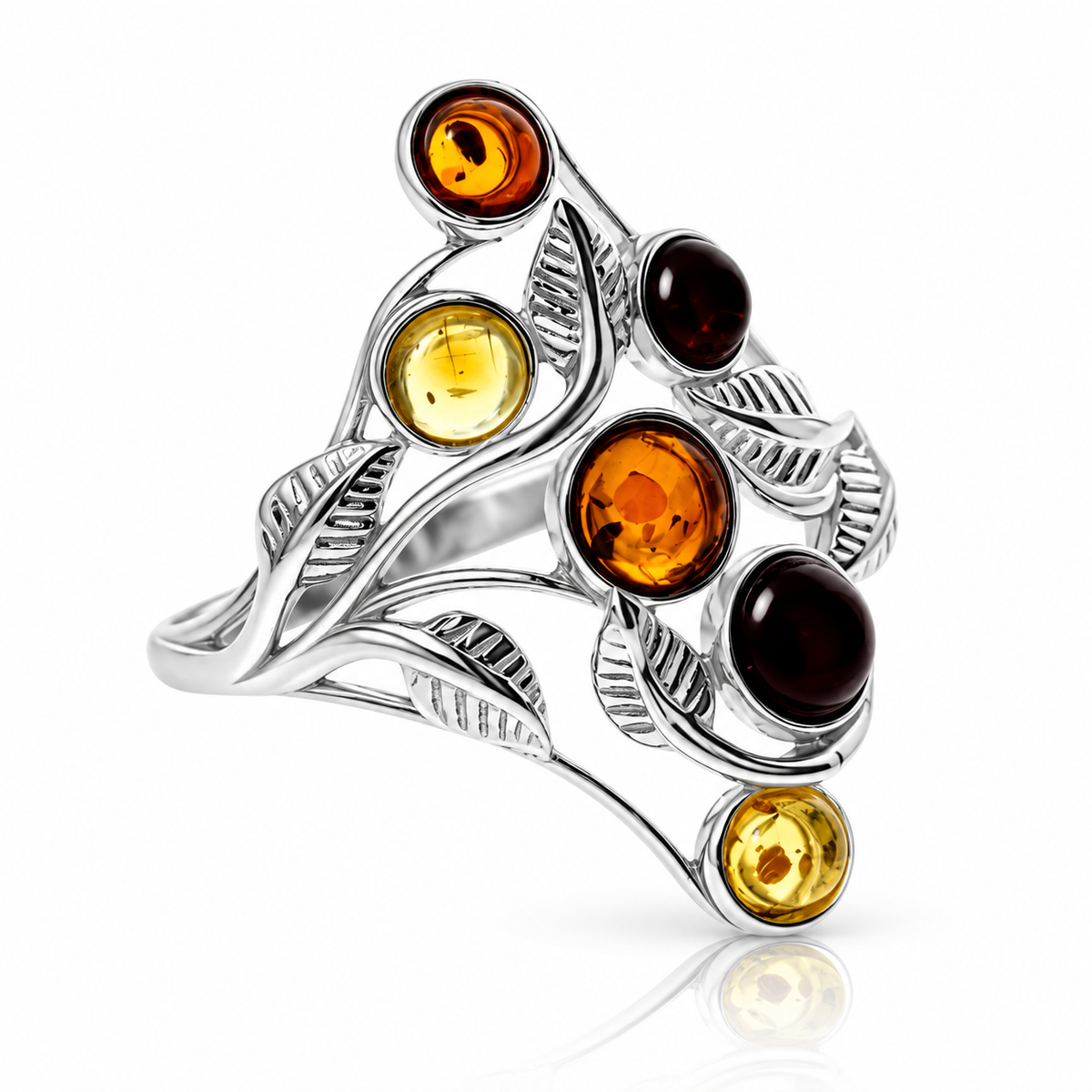 925 Sterling Silver & Genuine Baltic Amber Modern Multi-Stones Ring - GL758