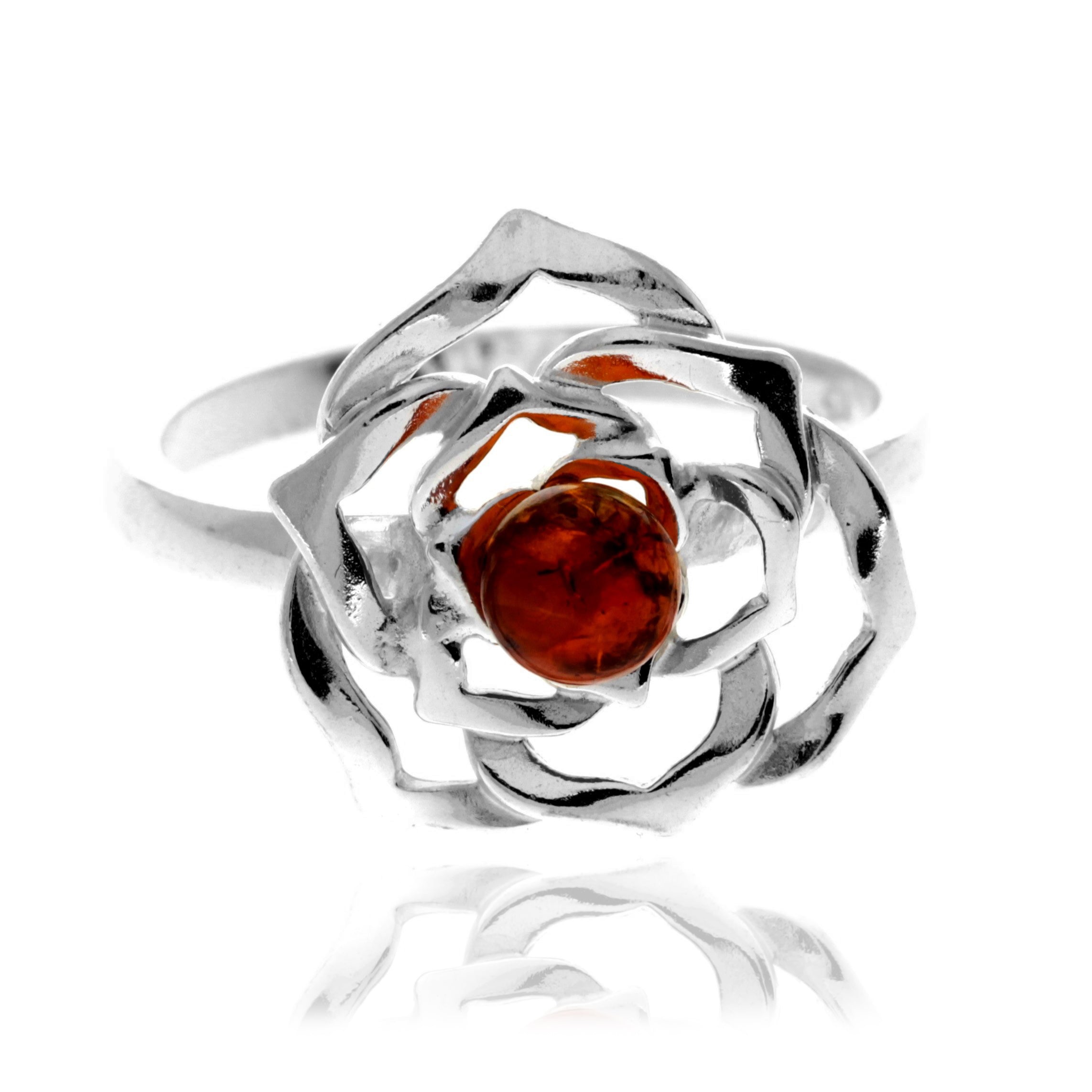 925 Sterling Silver & Genuine Baltic Amber Rose Ring - 7538