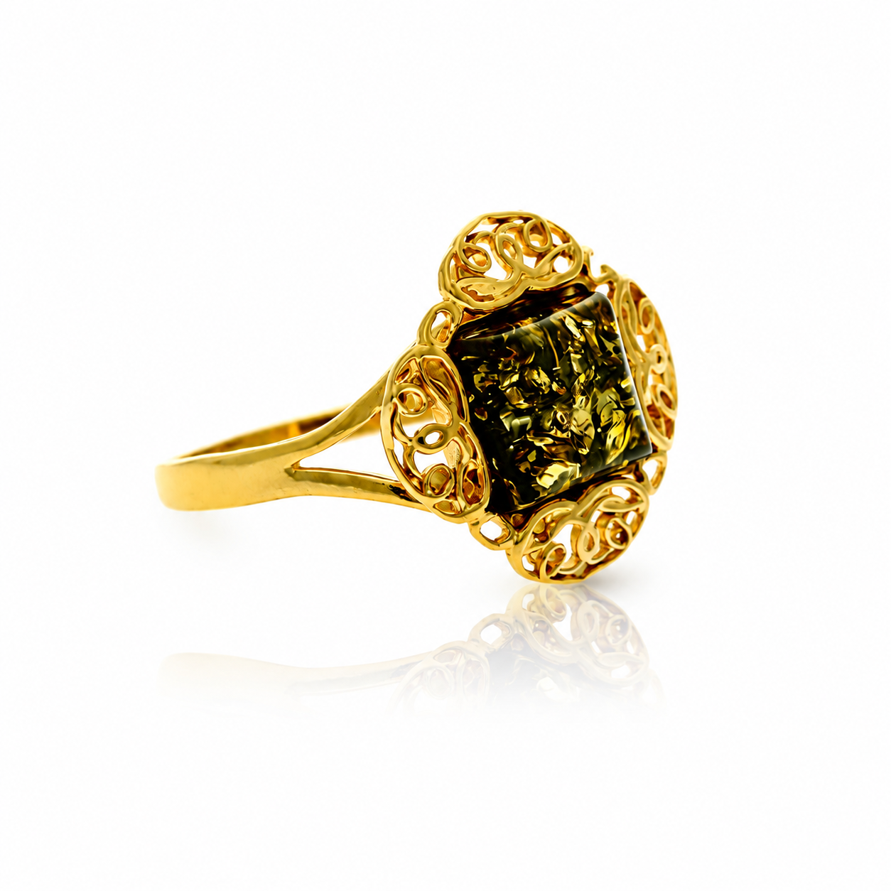 Gold-Plated Over 925 Sterling Silver & Genuine Square Baltic Amber Classic Designer Ring - 7599G