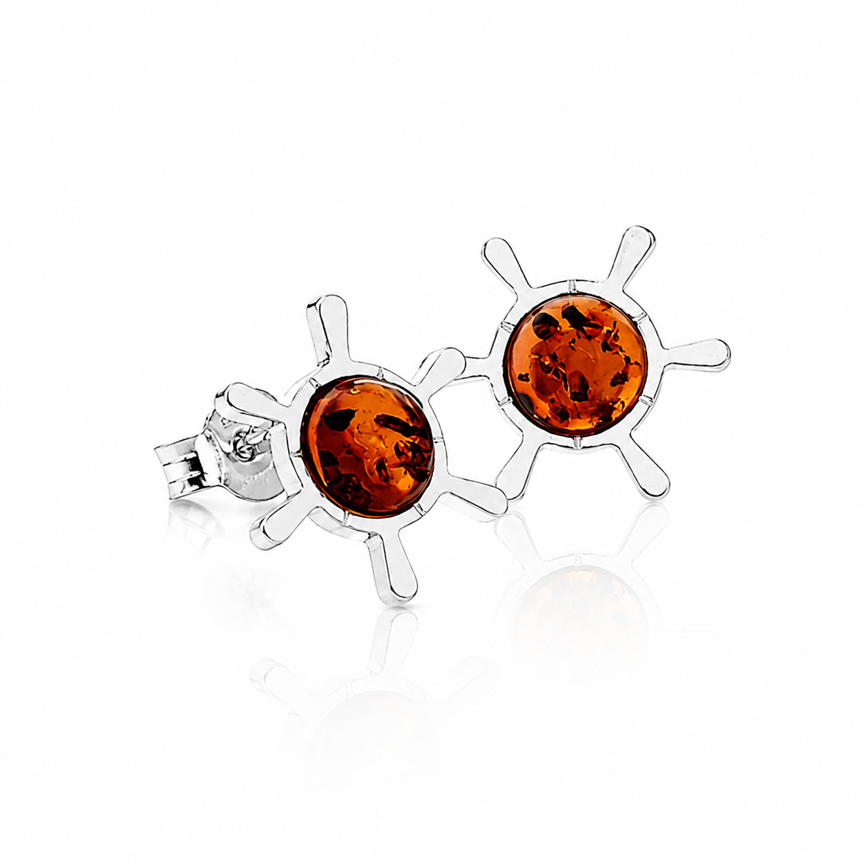 925 Sterling Silver & Genuine Baltic Amber Classic Marine Nautical Steering Wheel Studs Earrings - 8493