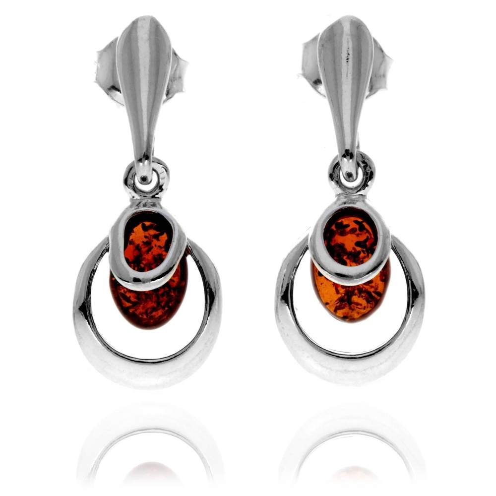 925 Sterling Silver & Genuine Baltic Amber Modern Drop Earrings - GL1041