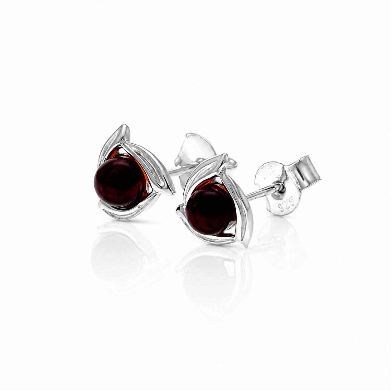 925 Sterling Silver & Genuine Baltic Amber Swirl Studs Earrings - 8575