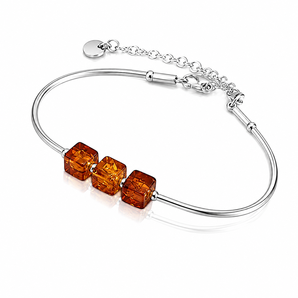 925 Sterling Silver & Genuine Baltic Amber Adjustable Cube Bracelet – J505