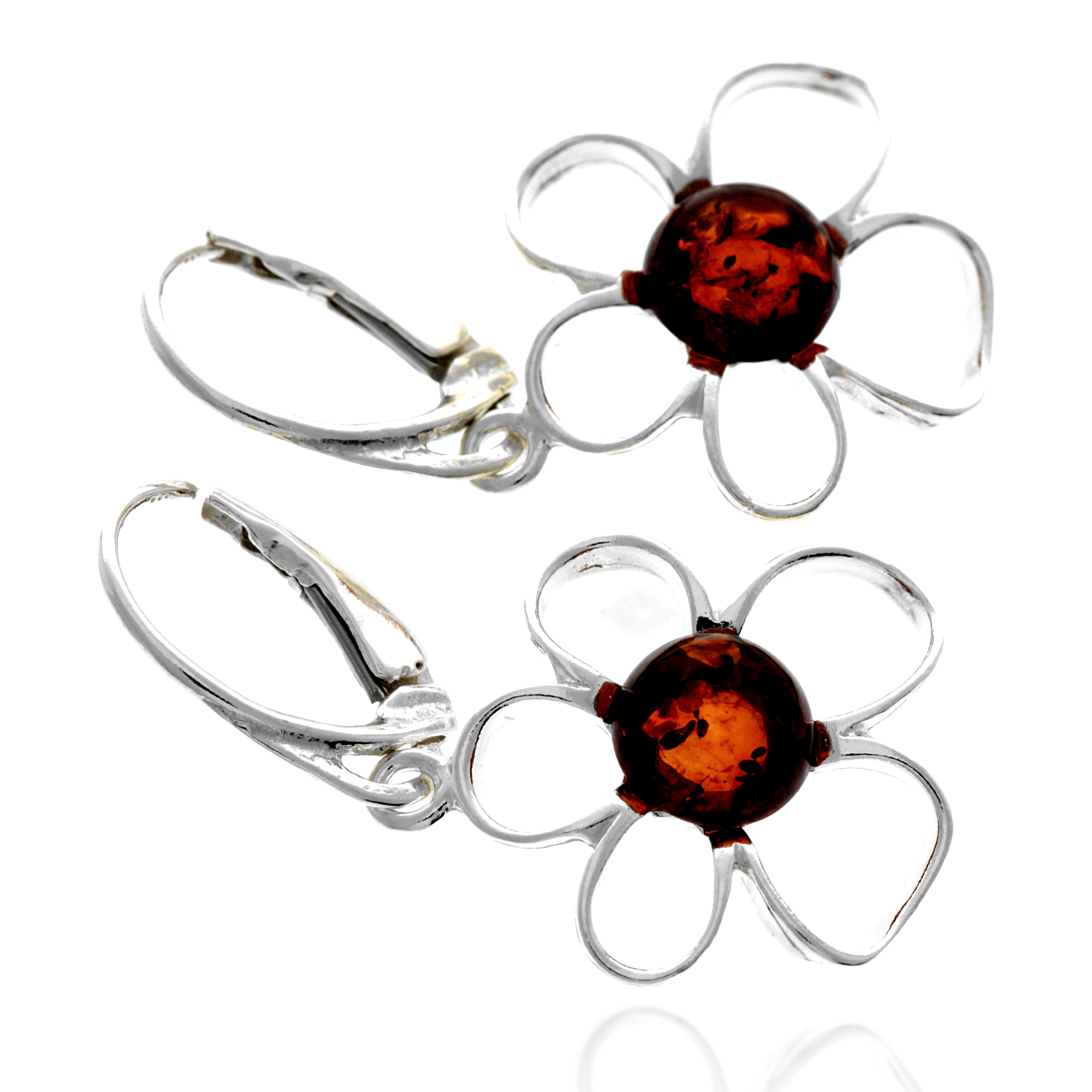 925 Sterling Silver & Genuine Baltic Amber Flowers Drop Earrings - AE33