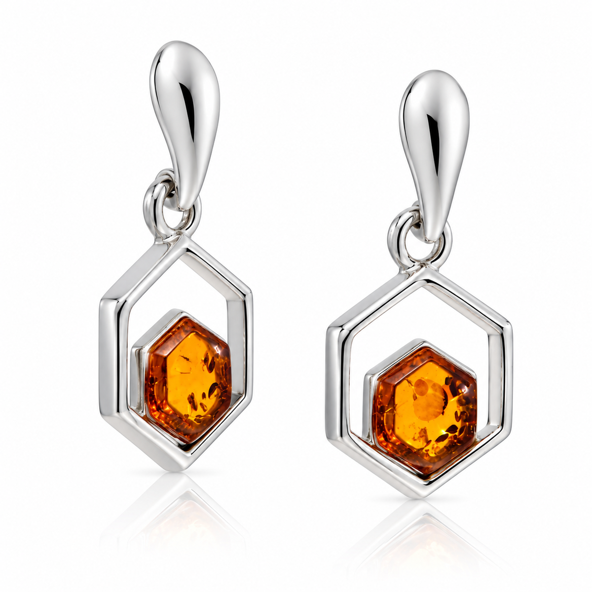 925 Sterling Silver & Genuine Baltic Amber Hexagon Drop Earrings - GL1060