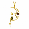 Gold-Plated Over 925 Sterling Silver & Genuine Baltic Amber Cat on the Moon Large Pendant - AP14G
