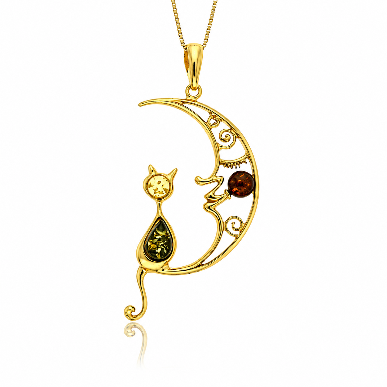 Gold-Plated Over 925 Sterling Silver & Genuine Baltic Amber Cat on the Moon Large Pendant - AP14G