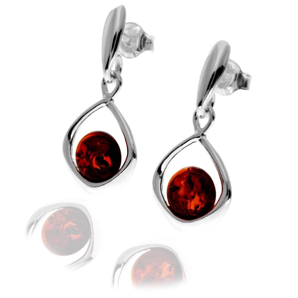 925 Sterling Silver & Genuine Baltic Amber Modern Drop Earrings - GL1045