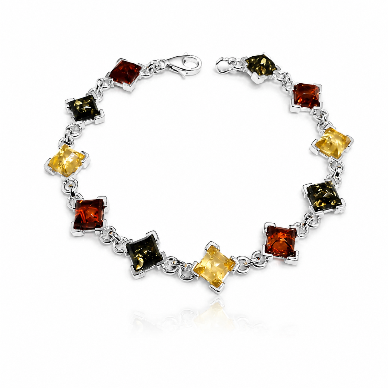 925 Sterling Silver & Genuine Baltic Amber Square Exclusive Link Bracelet - 2012