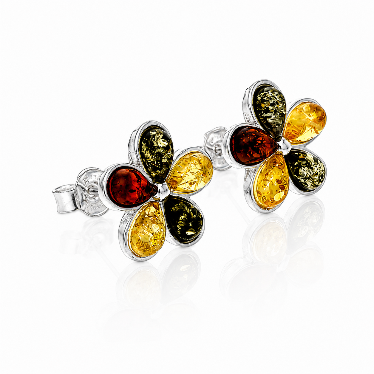 925 Sterling Silver & Genuine Baltic Amber Flowers Studs Earrings - 5267
