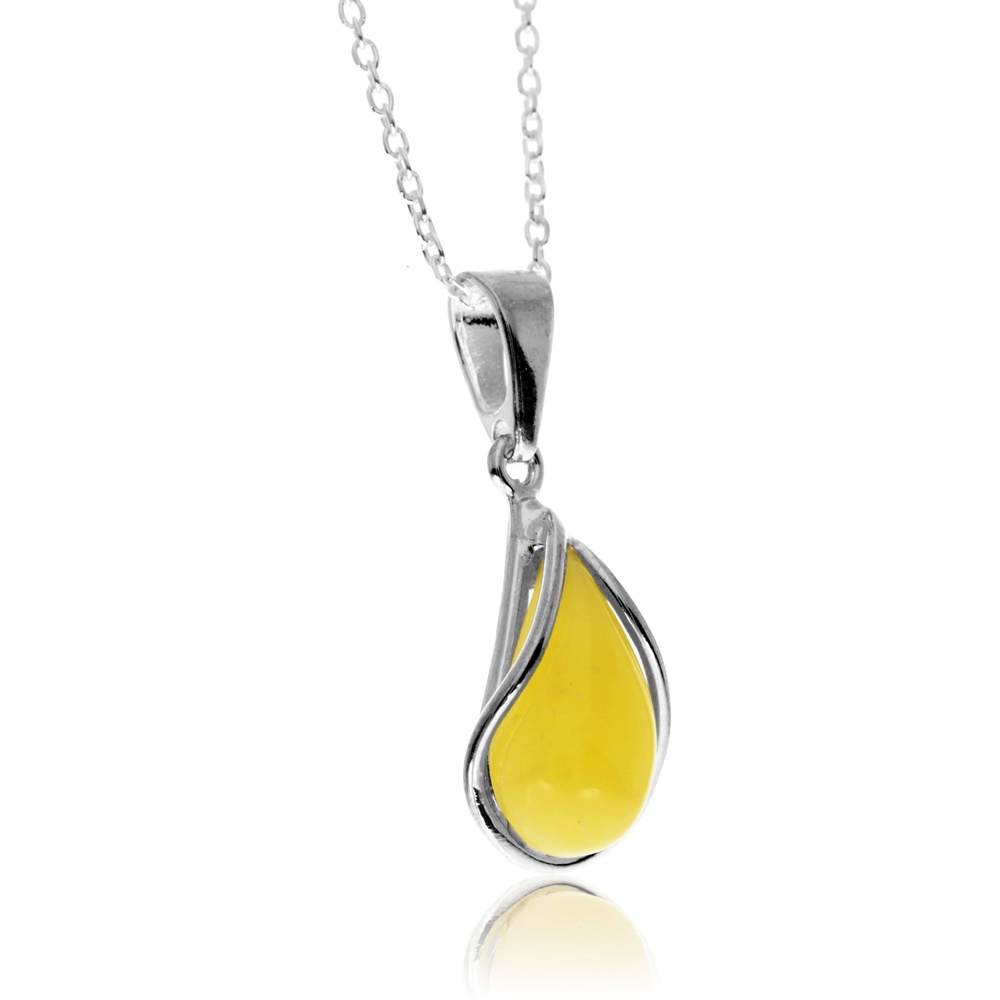 925 Sterling Silver & Genuine Baltic Amber Modern Teardrop Pendant - G235