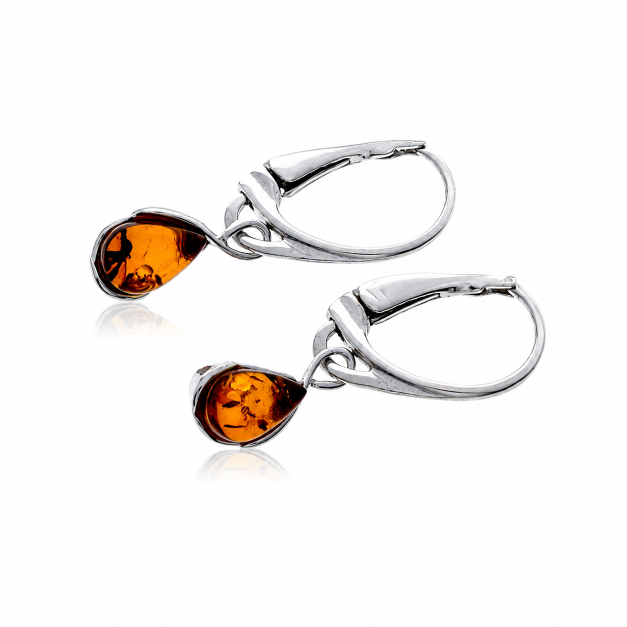 925 Sterling Silver & Genuine Baltic Amber Classic Teardrop Drop Earrings - 8614