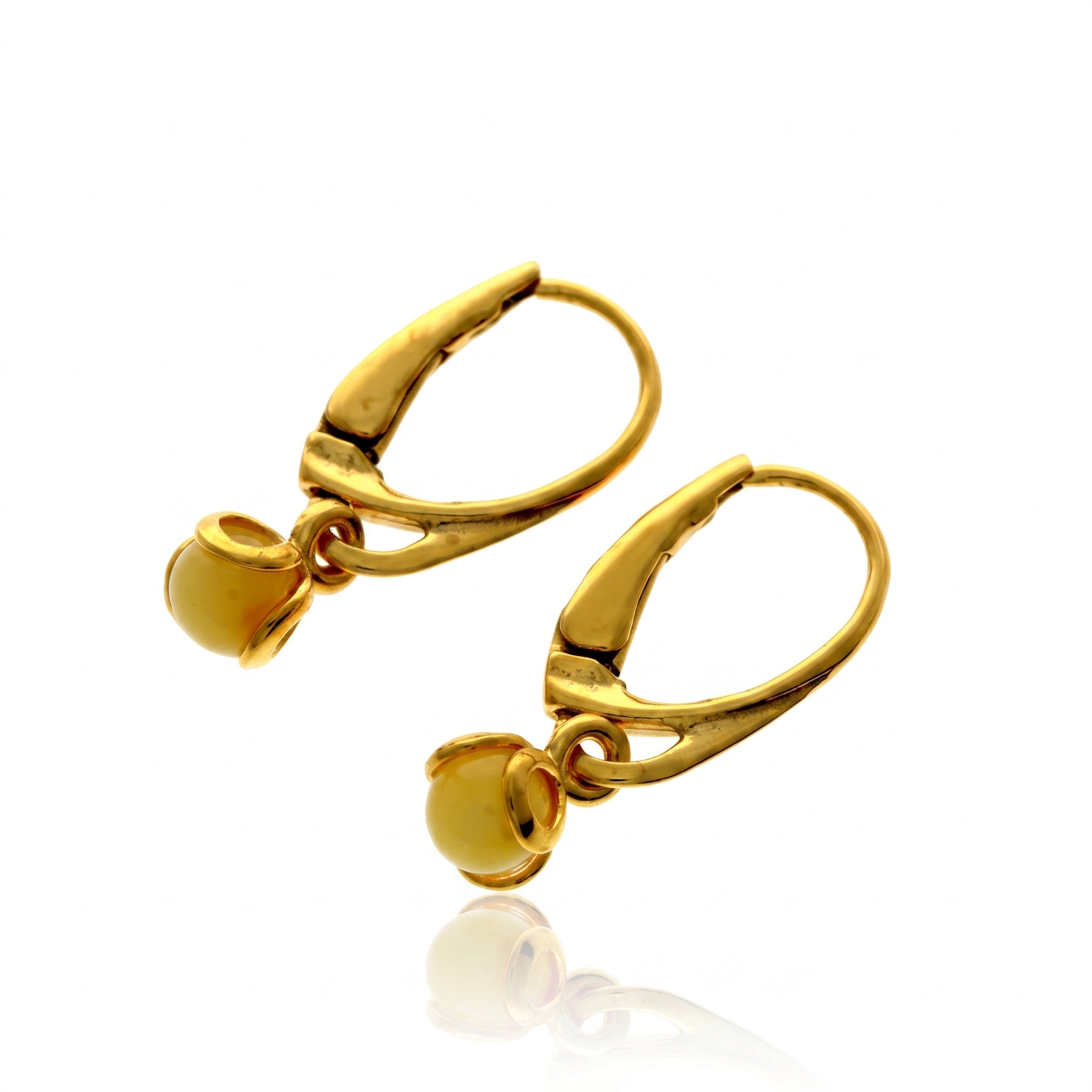 Gold Plated over 925 Sterling Silver & Genuine Baltic Amber Ball Light Drop Earrings - 8546GL