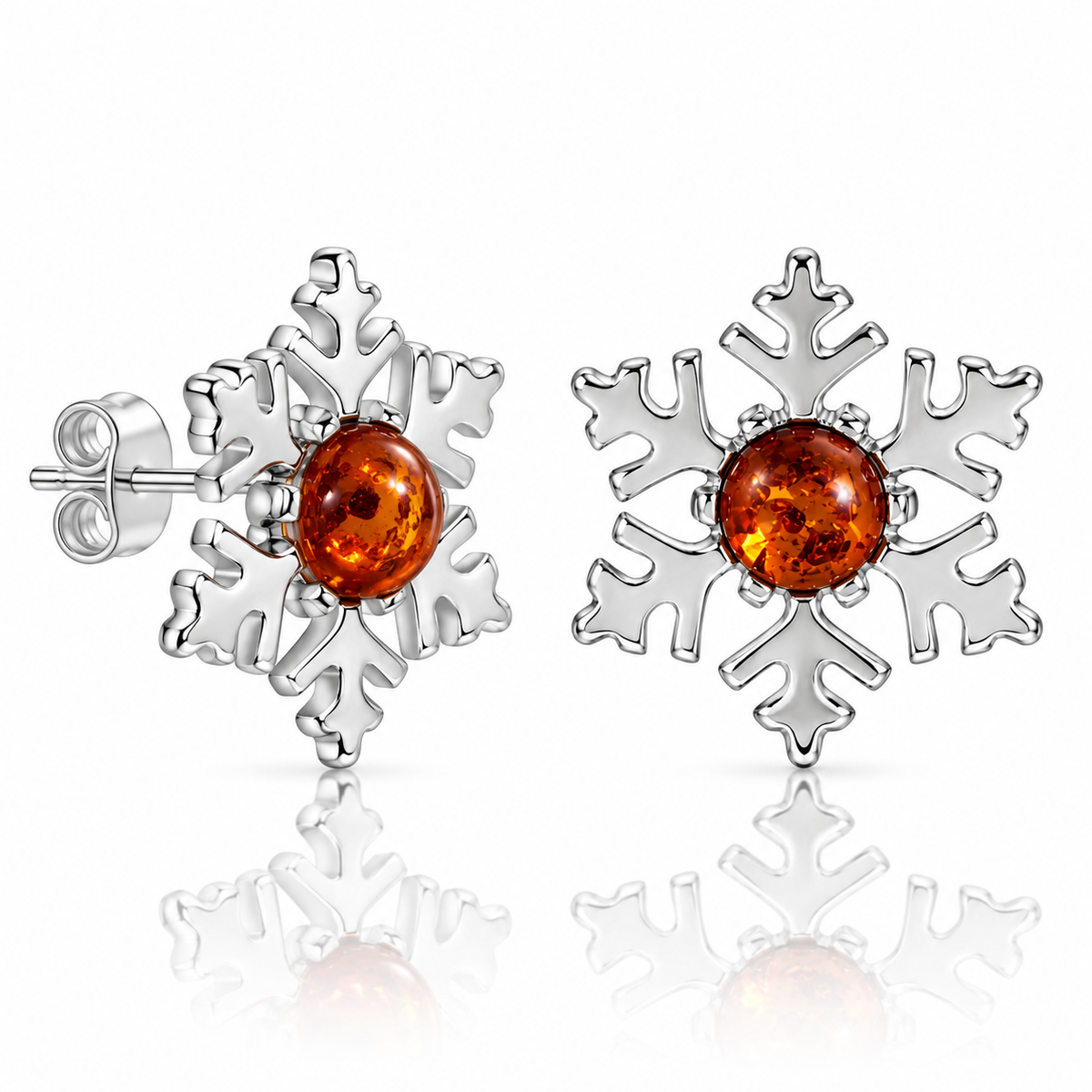 925 Sterling Silver & Genuine Baltic Amber Little Snow Flake Earrings - GL1059