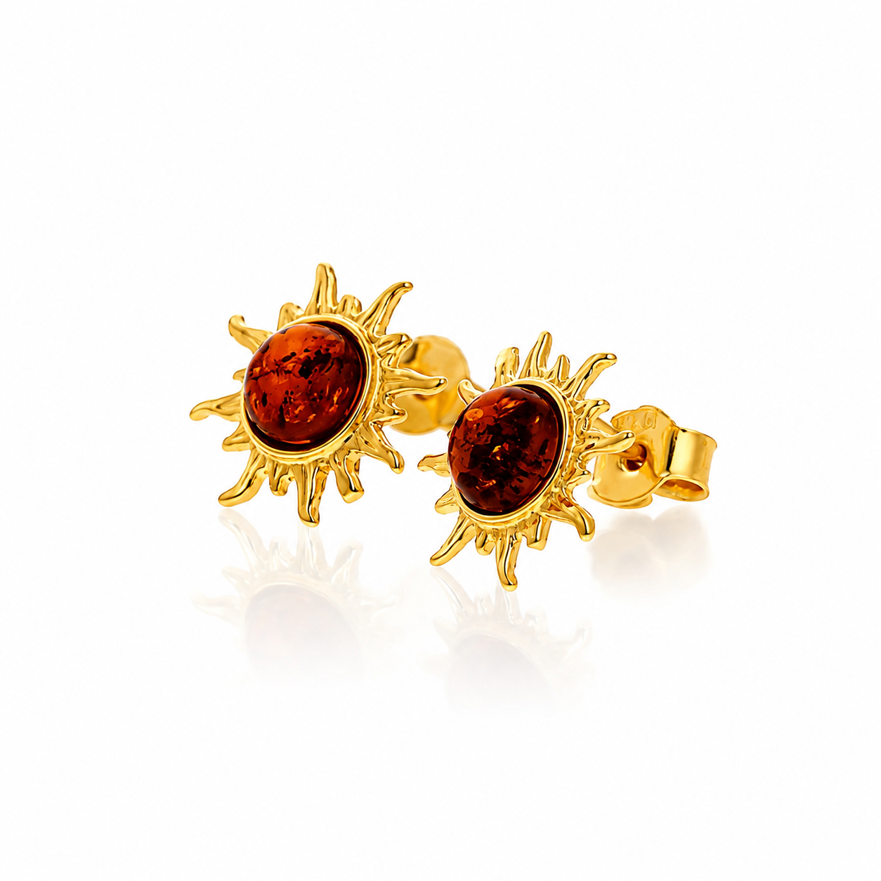 Gold Plated over 925 Sterling Silver & Genuine Baltic Amber Classic Sun Studs Earrings - 8549G