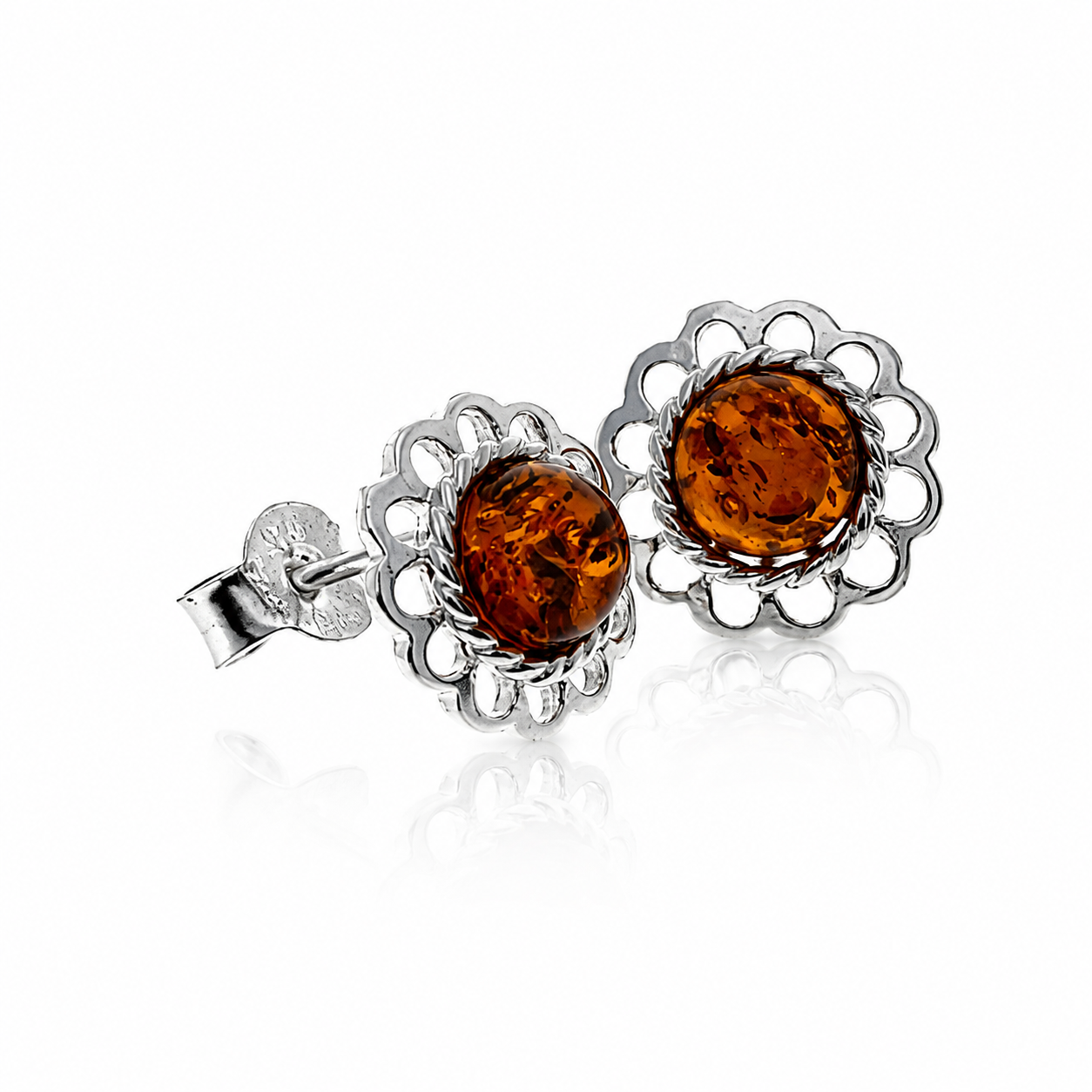 925 Sterling Silver & Genuine Baltic Amber Classic Light Studs Earrings - 8414