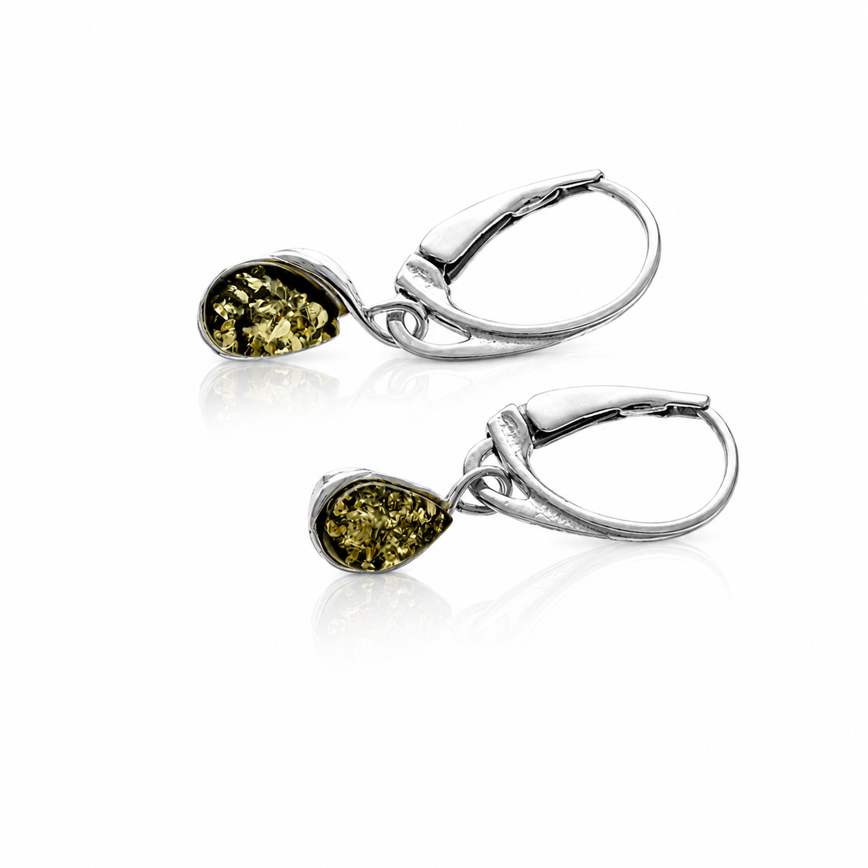 925 Sterling Silver & Genuine Baltic Amber Classic Teardrop Drop Earrings - 8614