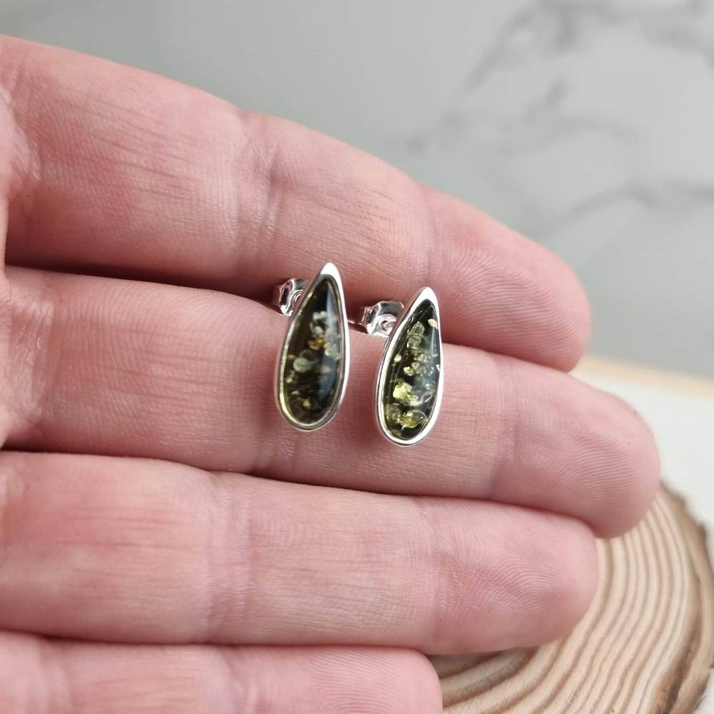 925 Sterling Silver & Baltic Amber Classic Teardrop Studs Earrings - G030S