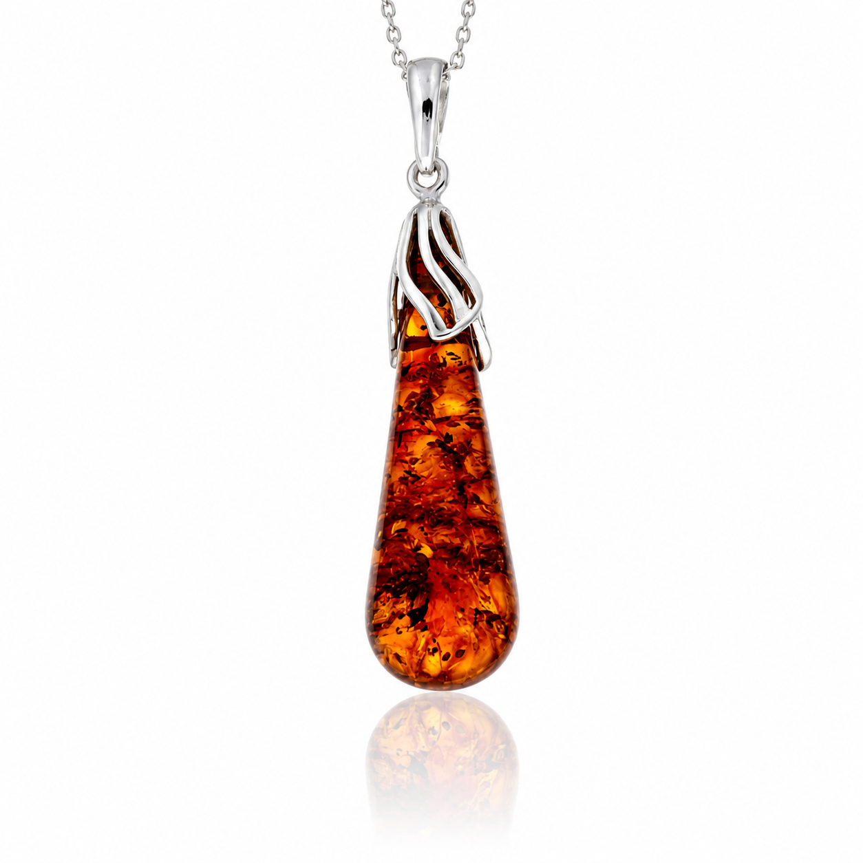 925 Sterling Silver & Genuine Baltic Amber Large Modern Exclusive Pendant - AP26