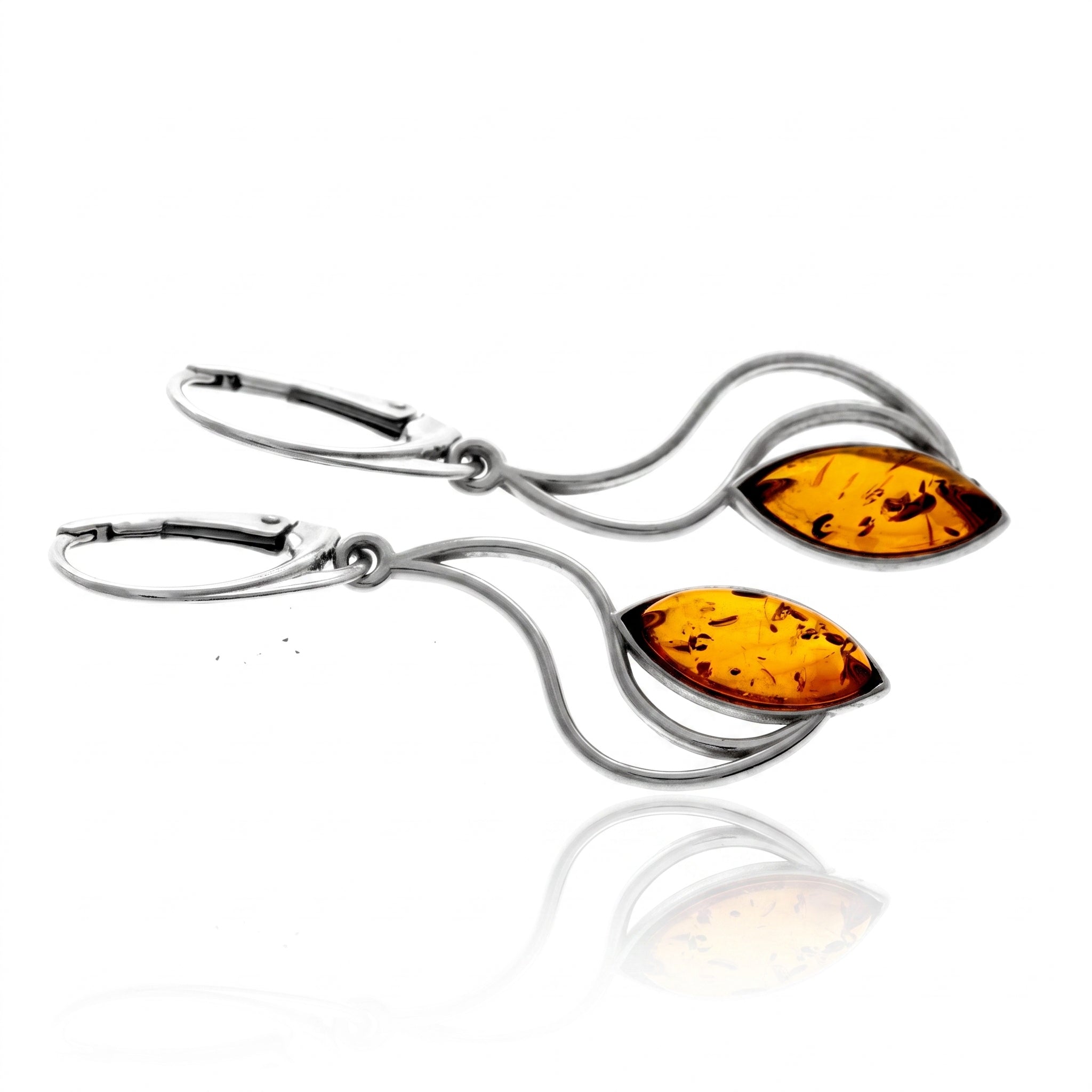 925 Sterling Silver & Genuine Baltic Amber Modern Large Drop Earrings - J013C