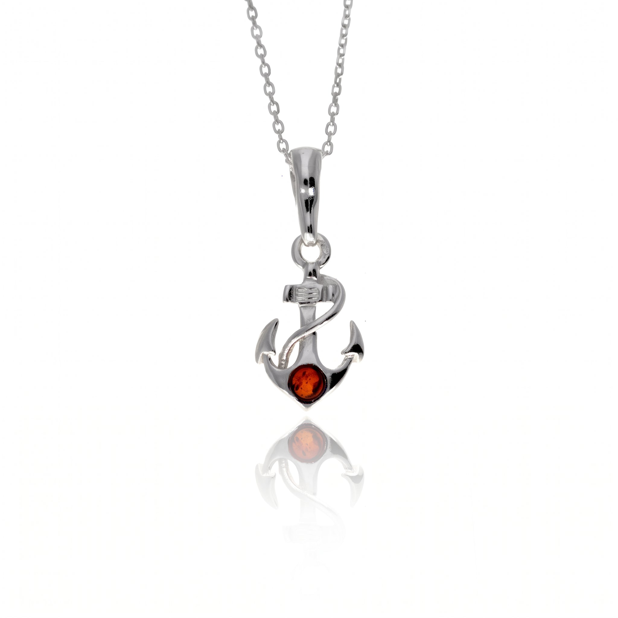 925 Sterling Silver & Genuine Baltic Amber Tiny Anchor Pendant - 604
