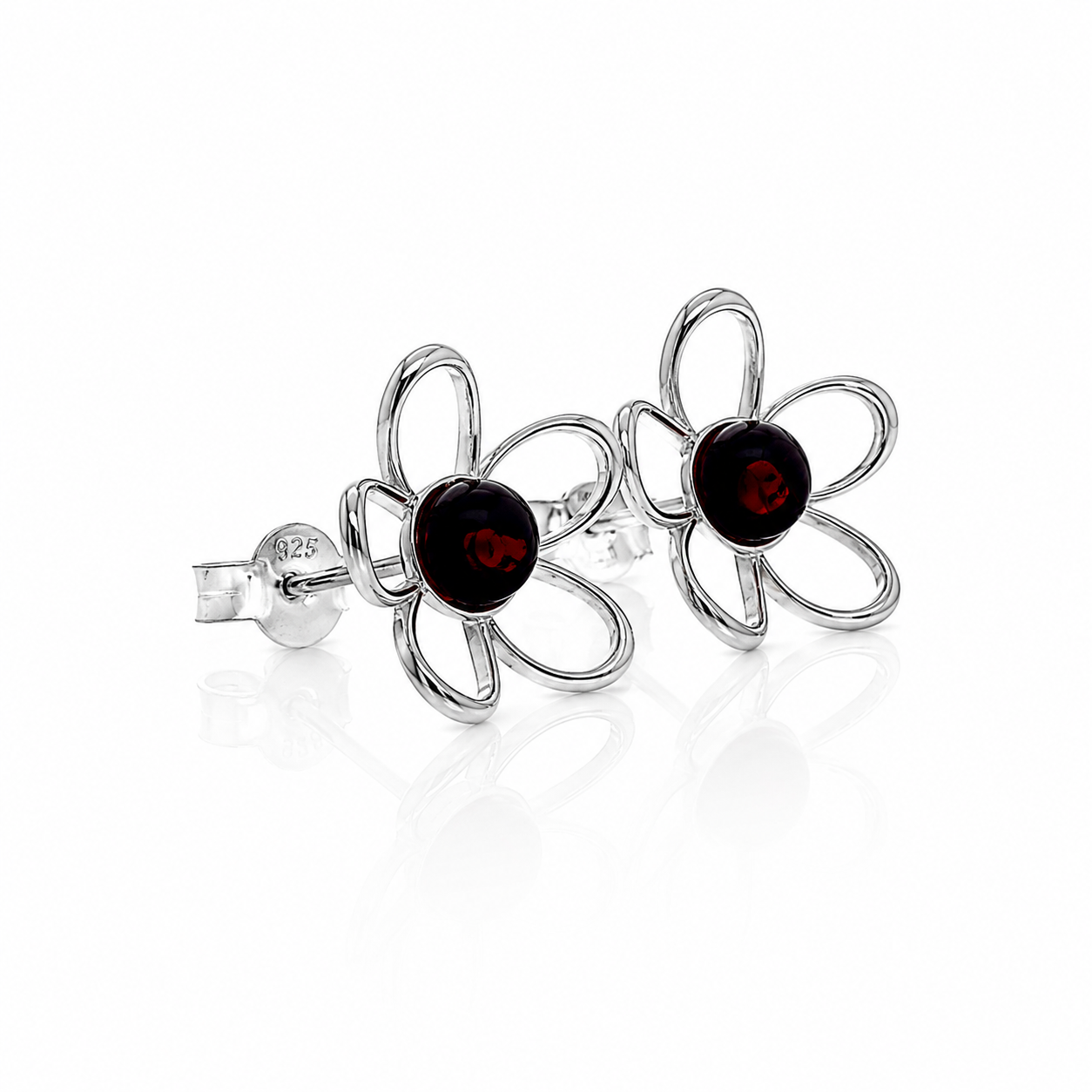 925 Sterling Silver & Genuine Baltic Amber Flowers Studs Earrings - 8620