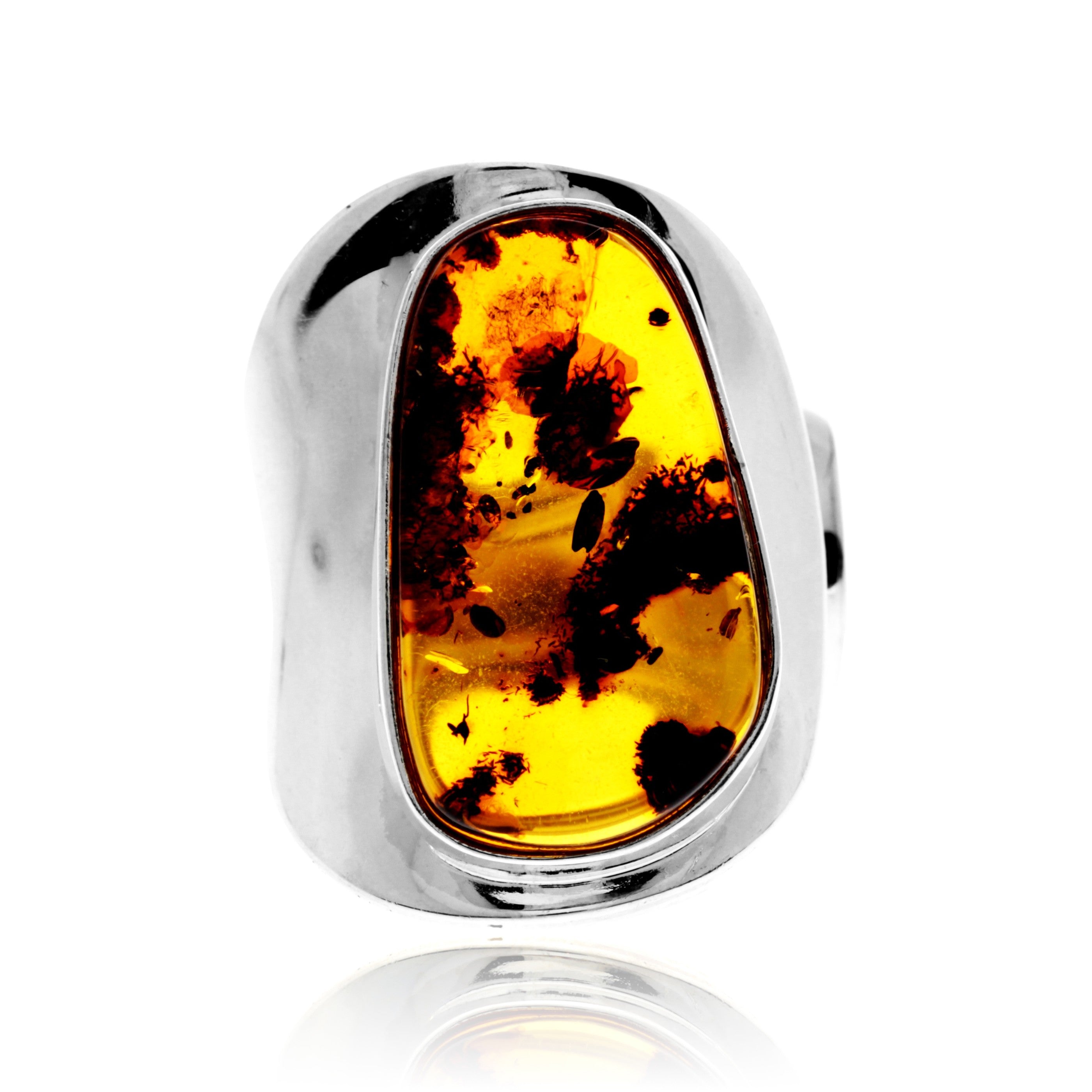 925 Sterling Silver & Genuine Cognac Baltic Amber Unique Exclusive Adjustable Size Ring - RG0814