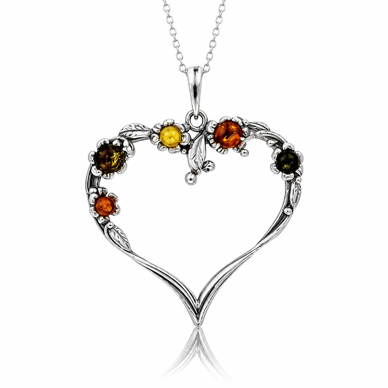 925 Sterling Silver & Genuine Baltic Amber Large Multi Stone Heart Exclusive Pendant - J203