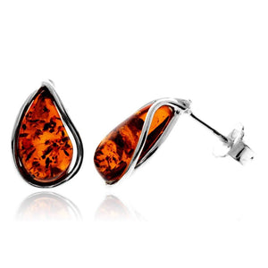 925 Sterling Silver & Baltic Amber Modern Teardrop Studs Earrings - G029S