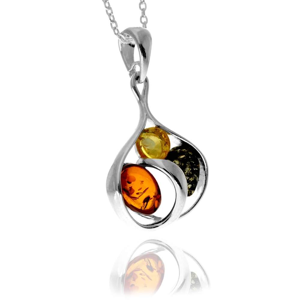 925 Sterling Silver & Genuine Baltic Amber Modern Multi-Stone Pendant - GL2066