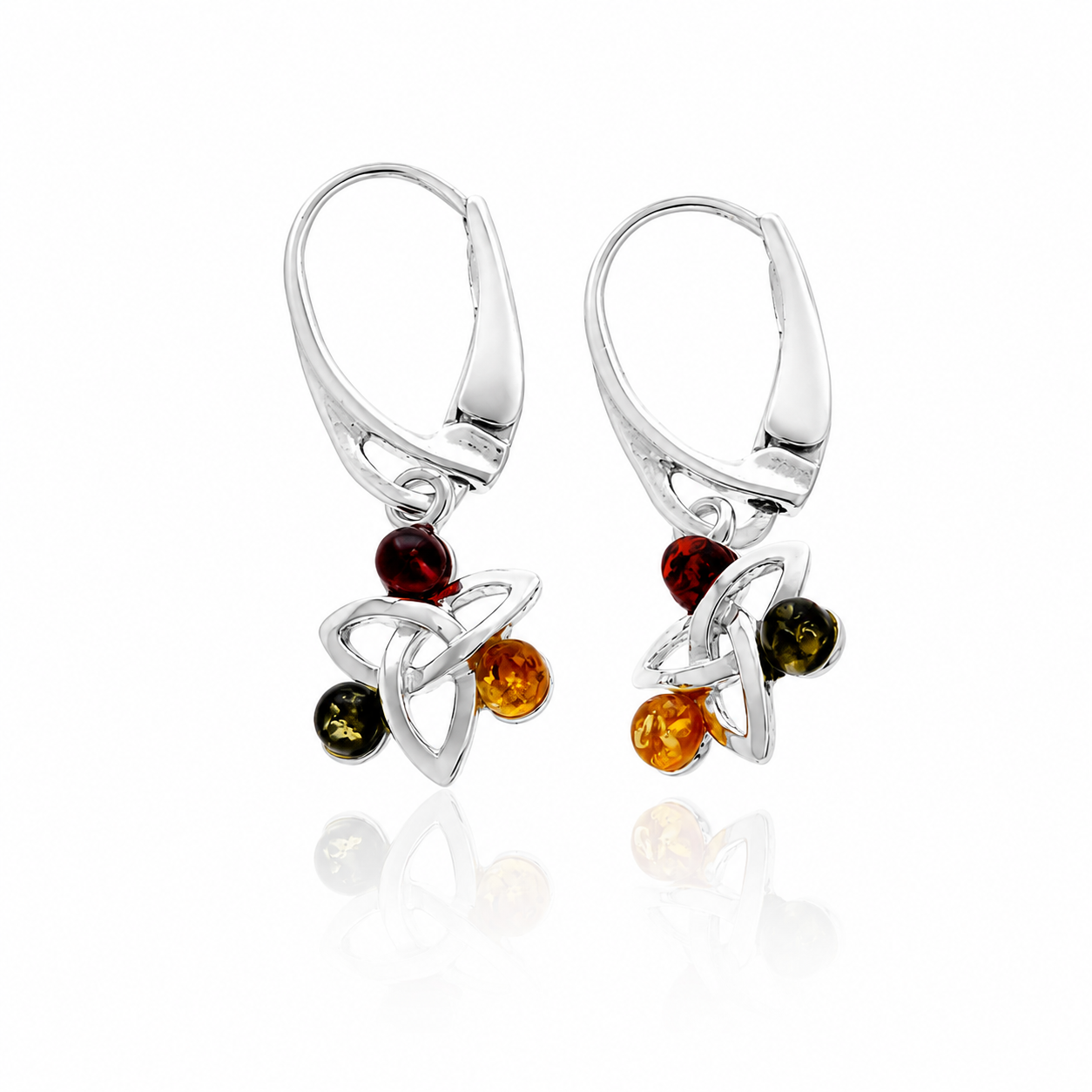 925 Sterling Silver & Genuine Baltic Amber Classic Celtic Drop Earrings - AE2FH