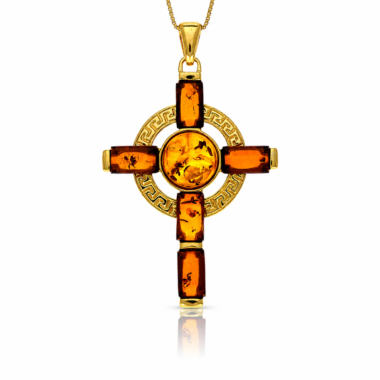 Gold-Plated Over 925 Sterling Silver & Genuine Baltic Amber Large Exclusive Cross Pendant - G22
